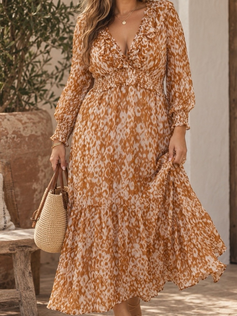 Anthropologie ‘Odetta’ Ruffled V-Neck Maxi Dress in Golden Brown Abstract Sz XL